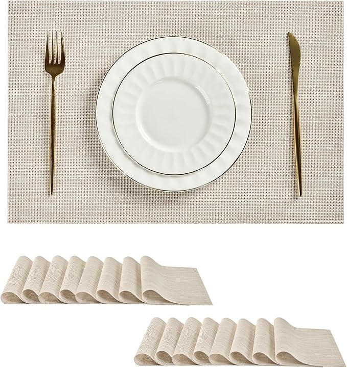Leetaltree Beige White Placemats Set of 16 - Heat Resistant Non-Slip Place mats for Dining Table, Washable Durable PVC Vinyl Woven Table Mats(Beige White, 16) by Leetaltree-ArtatEveryTable