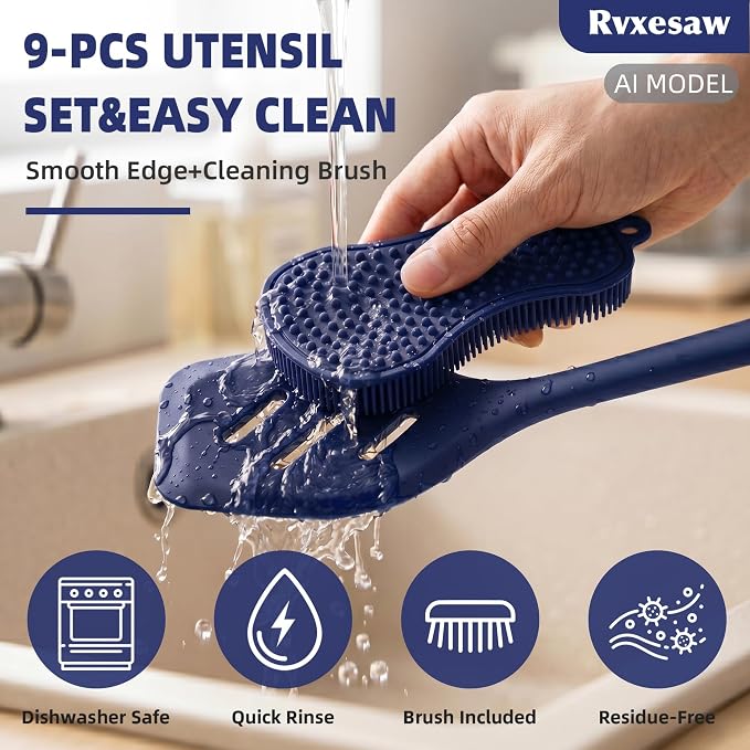 Kitchen Utensils Set,9 PCS Silicone Cooking Utensils Set Spatula Set,Tongs,Spoon,Whisk,Brush,Dishwasher Safe Kitchen Gadgets for Non-Stick Cookware,Home Essential，Kitchen Appliances(Navy Blue) - Image 7