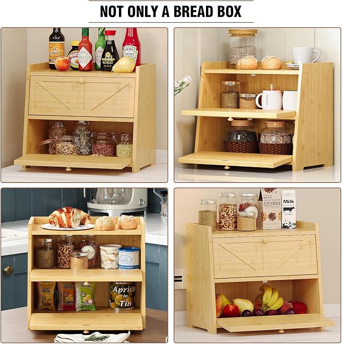 Trironsun Vintage Double Layer Bread Box for Kitchen Counter Bamboo Bread Storage Container Large Capacity Bread Storage Bin (Natural Bamboo) - Image 9