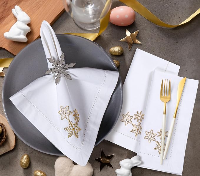 Bedding Craft Cotton Cloth Dinner Napkins Set of 12 – 18x18 White with Gold Embroidery – Reusable Machine Washable Fabric Napkins for Weddings, Parties & Everyday Dining - Image 5