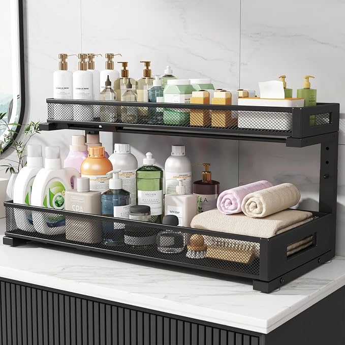2 Pack 20.47IN Depth Under Sink Storage Organizer, Large 2-Tier Elegant Mesh Pull Out Shelf for Kitchen and Bathroom Cabinet Organization, L-Shaped and Adjustable Height Design-Black - Image 7