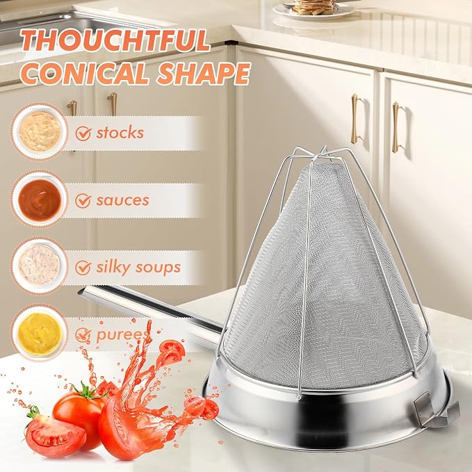 Nuogo 2 Set Stainless Steel Chinois Strainer Fine Mesh Metal Food Bouillon Sieve Strainer Cone Fine Mesh Strainer with Handle and Silicone Spatula for Sauce Jam Jelly Tea(10 Inch+8 Inch) - Image 6