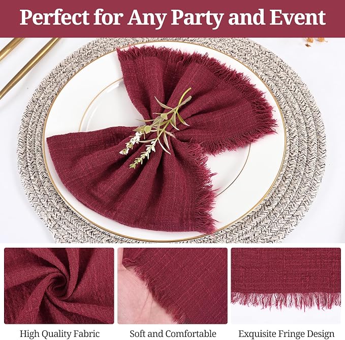 50 Pack Burgundy Cloth Napkins, 16 x 16 Inch Cotton with Fringe Settings | Handmade washable reusable cotton dinner napkins in bulk for weddings, parties, rustic boho table settings - Image 5