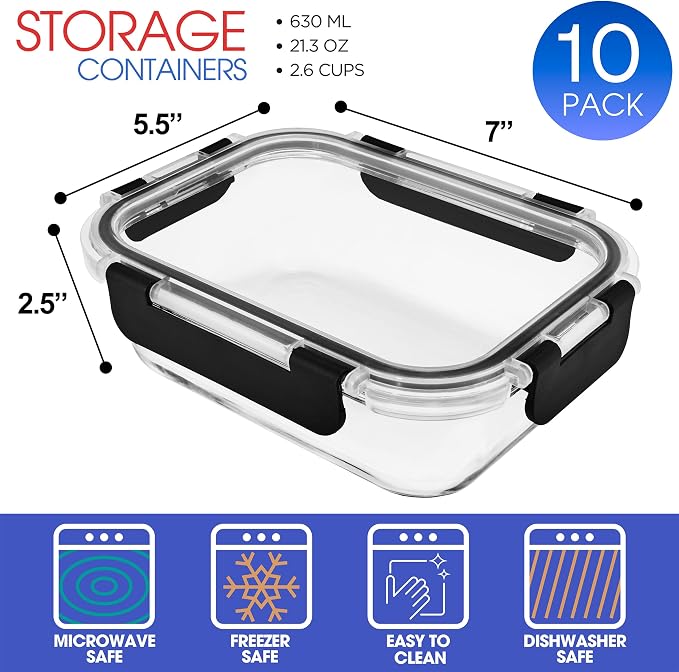 Sorbus 20pc Glass Meal Prep Containers Set – 10 Glass Food Storage Containers (21.3oz, 2.6 Cups) with Airtight Lids – Freezer, Dishwasher, and Oven Safe – Reusable Containers for Meal Prep and Storage - Image 2