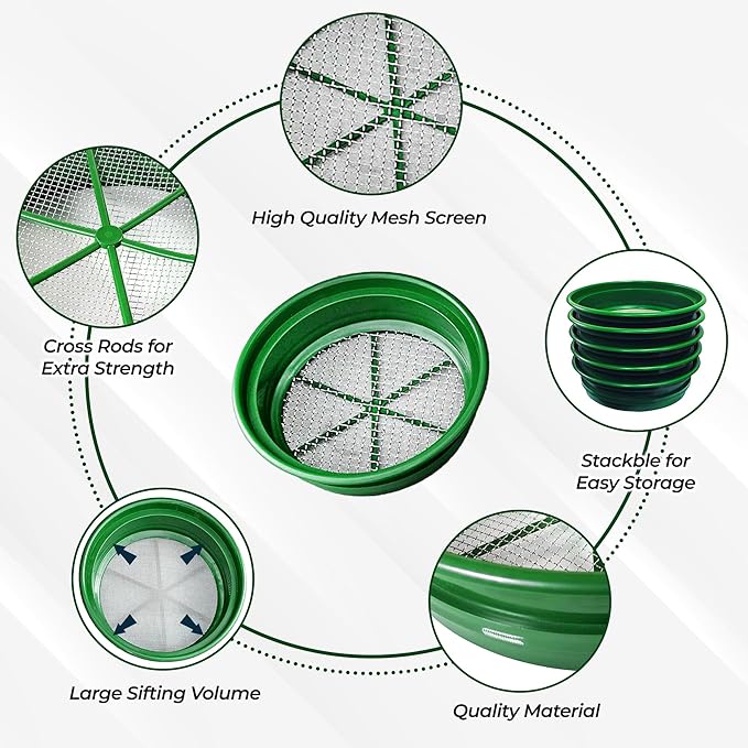 SE 13.25 Inch Wide Stackable Classifier Gold Prospecting Pan Set - Includes 1/2" 1/4" 1/8" 1/12" and 1/20" Stainless Steel Mesh Sifting Pans, Green, 5 Pack - Image 3