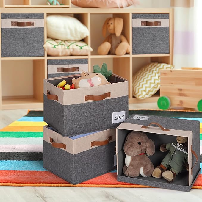 GhvyenntteS Fabric Storage Bins with Lids 3 Pack, Large Fabric Storage Baskets with Lid and Handles, Foldable Closet Organizers and Storage boxes with Label Window for Home (Beige, 15" x 11" x 9.7") - Image 7