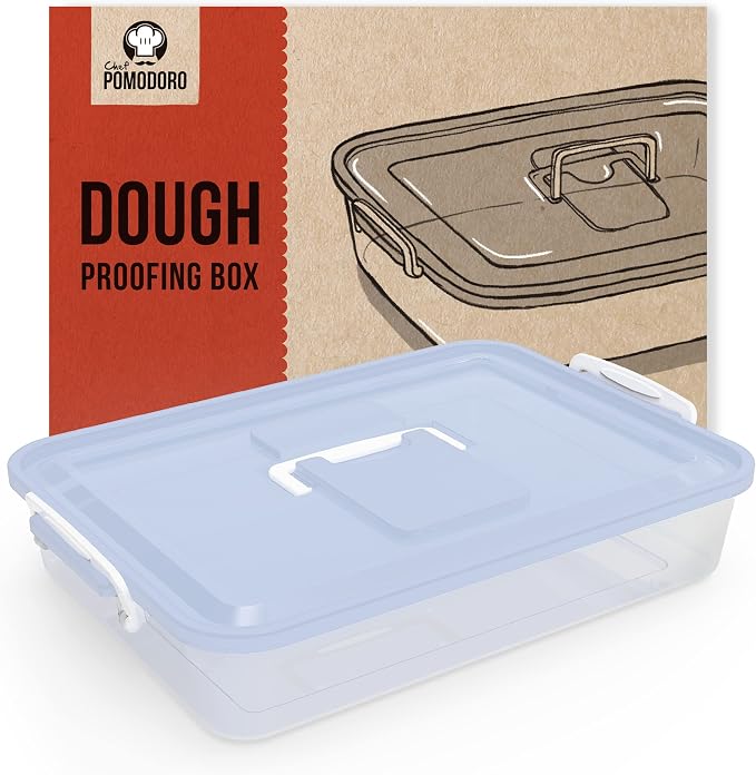 Chef Pomodoro Pizza Dough Proofing Box with Lid, 14x11 In, Blue | ABS plastic pizza dough proofing container, fits 4-6 dough balls, stackable, transparent lid, carry handle by ChefPomodoro