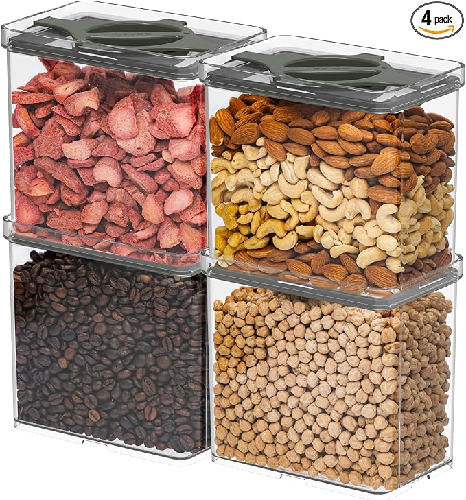 4-Pack Airtight Pantry Containers, 1.9 QT / 1.8 L Clear Food Storage Jars with Leakproof Twist-Lock Lids, Detachable Lid for Easy Cleaning, Cereal, Pasta, Rice, Oats, Snack Storage -Black by Prestoor