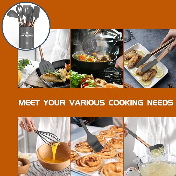 Silicone Cooking Utensil Set, Umite Chef Kitchen Utensils 15pcs Cooking Utensils Set Non-stick Silicone Rose Gold Handle Cooking Tools Whisk Kitchen Tools Set -Grey - Image 3