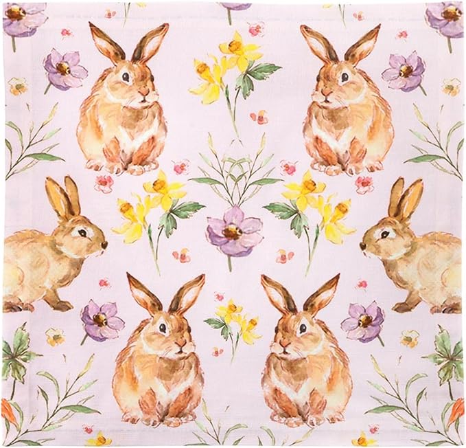 47th & Main Set of 4 100% Cotton Cloth Table Napkins for Dining, 18" Square, Brown Bunnies with Yellow Flowers by 47thMain