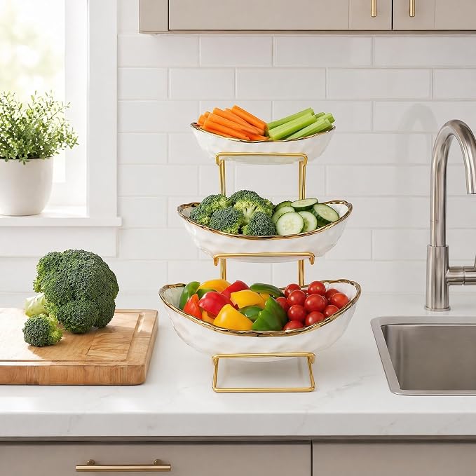 3 Tier White Ceramic Fruit Bowl with Gold Metal Stand, Modern Tiered Fruit Basket Rack for Kitchen Countertop, Large Storage Organizer for Fruit Vegetable Snacks Bread - Image 6
