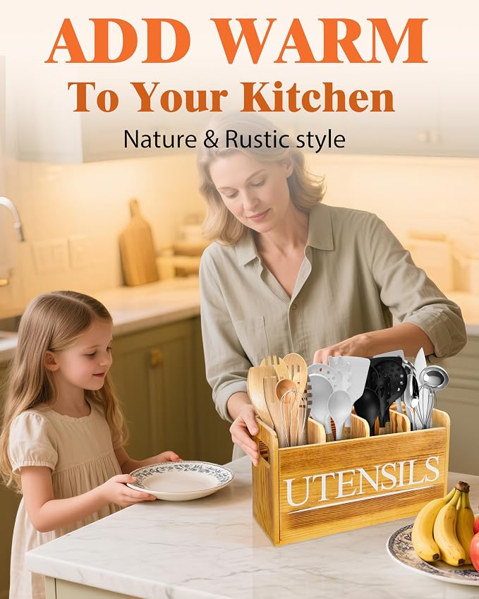 Kitchen Utensil Holder for Kitchen Counter Large Wooden Organizer for Cooking Utensils Utensil Holder Counter Farmhouse Décor (Farmhouse Wooden) - Image 4