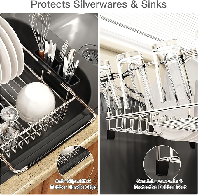 Dish Drying Rack Over The Sink with Utensil Holder, Mat | Expandable Stainless Steel Dish Drainer for Small Kitchen, Apartment, RV, Counter Space Saving, Perfect Fit, Rustproof - Image 6
