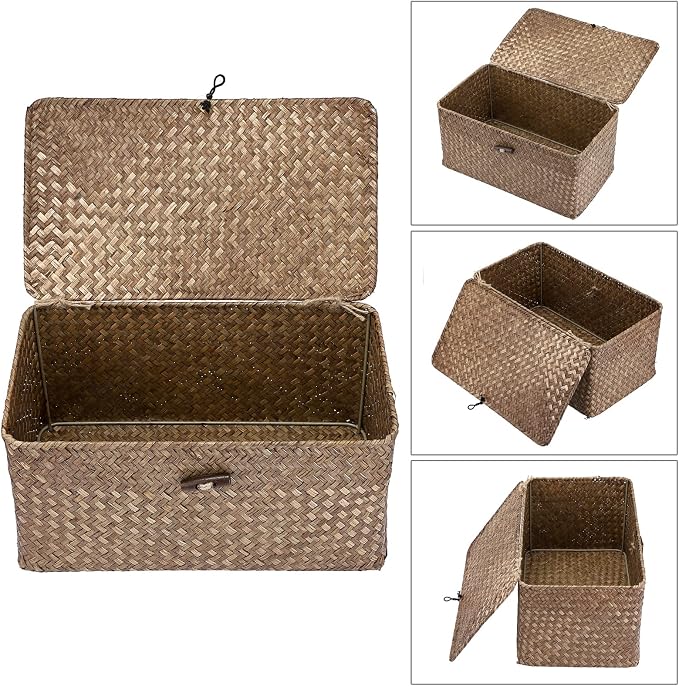 Hipiwe Wicker Shelf Baskets Storage Bin with Lid Handwoven Seagrass Basket | Rectangular Household Basket Boxes for Shelf Wardrobe Home Organizer, Coffee Medium - Image 3