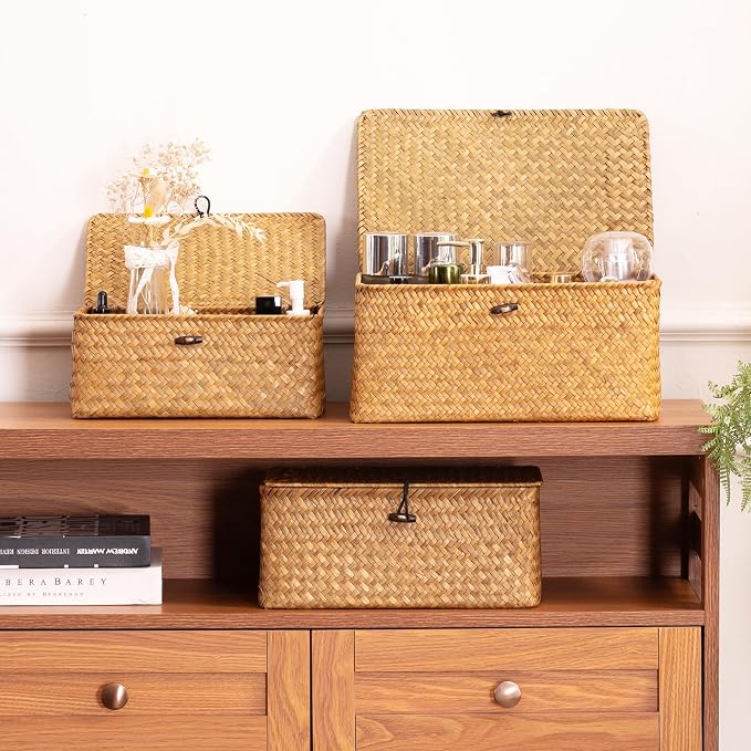 Nonam Storage Basket with Lid, Natural Seagrass Bin with Lid Set of 3, Shelf Baskets Multipurpose Container for Boho Decoration, Rectangular Household Storage Boxes for Home Organization-Natural - Image 7
