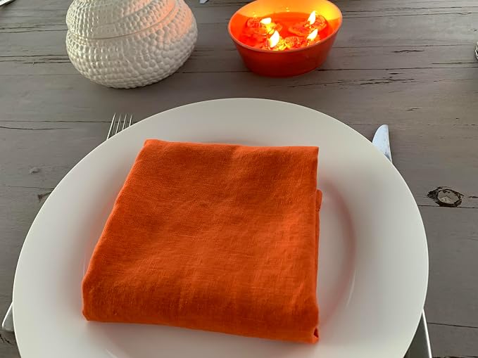 Linen Napkins –100% French Flax – Stonewashed Pure Linen Cloth Napkins - Size 18 Inch x 18 Inch – Set of 4 (Sunset Orange) - Image 3