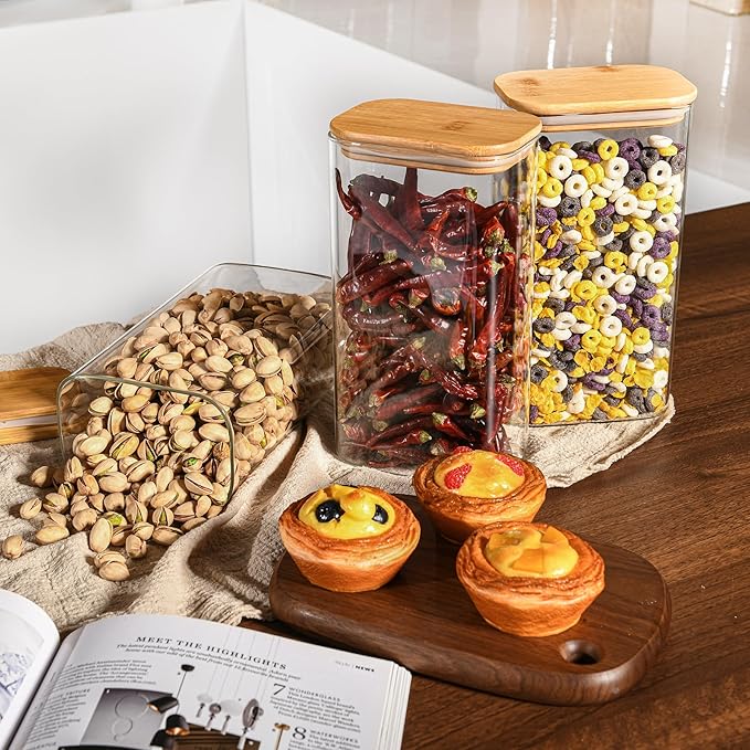 D2scrma 56oz Rectangle Airtight Glass Storage Containers with Bamboo Lids (Set of 3), Square Food Storage Jar, Pantry Organizers for Oats, Cereal, Pasta and Coffee beans (‎with Black Lable) - Image 6