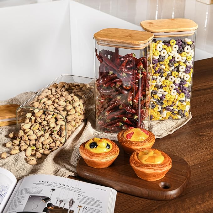 D2scrma 56oz Rectangle Airtight Glass Storage Containers with Bamboo Lids (Set of 3), Square Food Storage Jar, Pantry Organizers for Oats, Cereal, Pasta and Coffee beans (‎with Black Lable) - Image 6