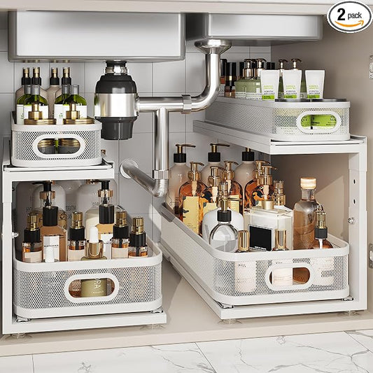 2 Pack 21IN-Depth Under Sink Organizer With Next-Gen Ball-Bearing Slides,2-Tier Precision Mesh Pull Out Cabinet Storage for Bathroom&Kitchen,Height Adjustable Drawers Shelf,Anti-rust-White by Corbyles