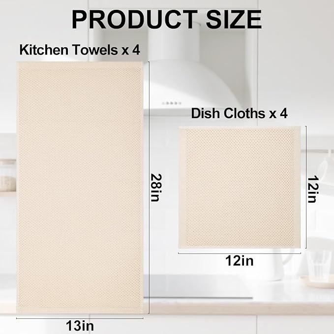 Homaxy 8 Pack 100% Cotton Kitchen Towels and Dishcloths Set, Beige | 12 x 12 Inches and 13 x 28 Inches Kitchen Towels Set, Ultra Soft Absorbent Dish Cloths for Washing Dishes - Image 4