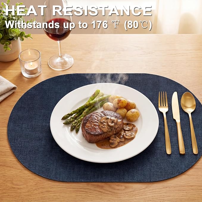 Placemats Set of 8-17" x 11.8" Waterproof & Heat Resistant Oval Place Mats, Wipeable Washable Double Layer Faux Leather Table Mats, Dark Blue - Image 2