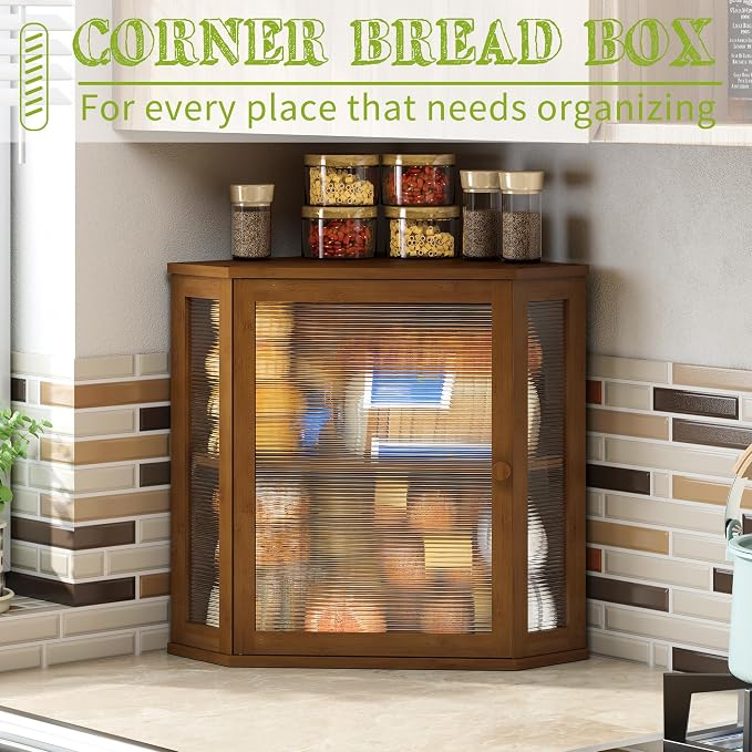 BMOSU Corner Bread Box for Kitchen Countertop Double Layer Bamboo Wooden Bread box Large Capacity Bread Storage Bin(Brown, Extra Large) - Image 3