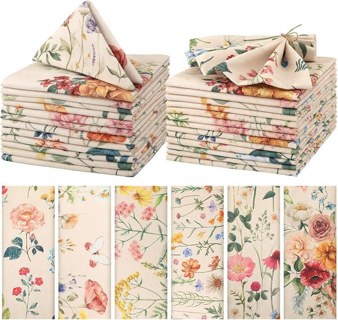 Funnymoom 24 Pcs Butterfly and Wildflowers Floral Napkins Cloth Spring Cloth Napkins Reusable Plants French Retro Toile Dinner Soft Absorbent for Summer Holiday Party by Funnymoom