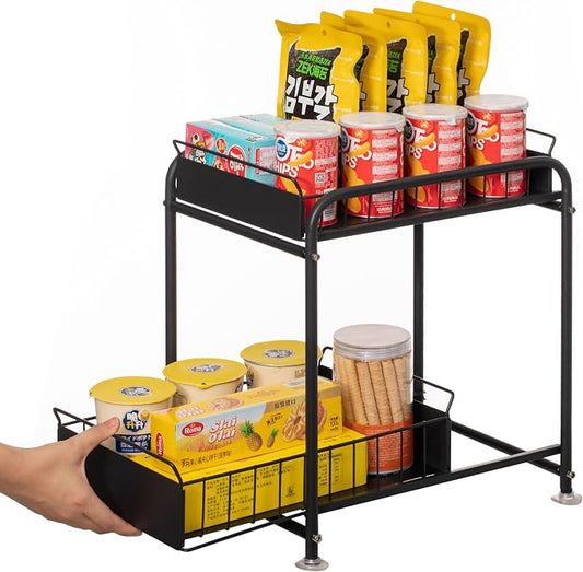 Under Sink Organizer Sliding Wire Baskets Adjustable 2-Tier Metal Storage Rack for Bathroom Kitchen or Utility Cabinets Pull-Out Shelf for Toiletries Cleaning Supplies & Pantry Essentials by Basicwise