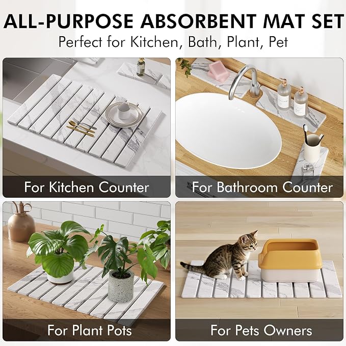 4 Pcs Diatomaceous Earth Dish Drying Mat Set, 24''x16'' Stone Dish Drying Mat, Faucet Mat and 2 Coasters for Kitchen Counter, Super Absorbent Quick Dry Mats for Dishes Bottles Cups - Image 7