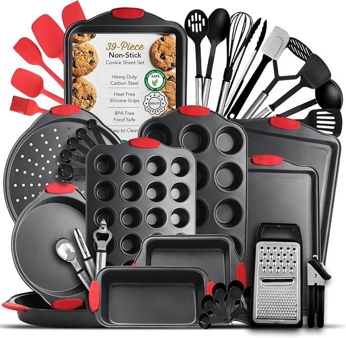 Eatex Nonstick Baking Sheet Set, 39-Piece Baking Pans Set with Silicone Handles, Carbon Steel Cookie Sheets for Baking, Commercial Grade Quality Bakeware Sets Includes Kitchen Utensils Set and More by Eatex