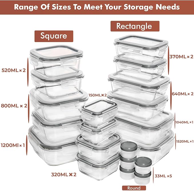 Razab 35 Pc Set Glass Food Storage Containers with Lids - Meal Prep Airtight Bento Boxes BPA-Free 100% Leak Proof (15 lids,15 glass & 5 Plastic Sauce/Dip Containers) - Image 2