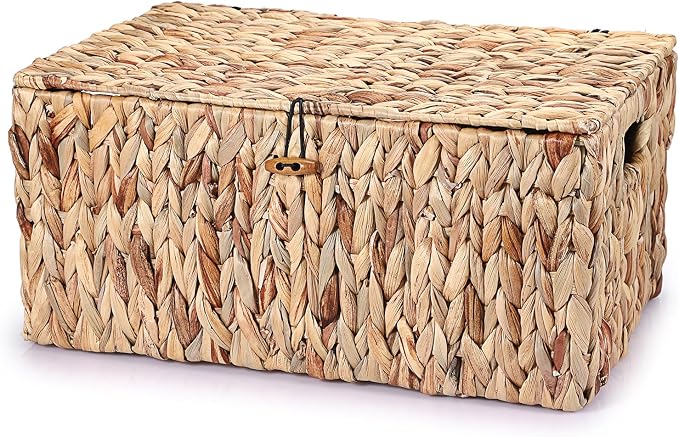 Hipiwe Wicker Storage Basket Bin with Lid, Large Water Hyacinth Baskets Box | Rectangular Decorative Shelf Baskets Bin with Handles Handwoven Household Basket Boxes for Shelf Home Organizing by Hipiwe