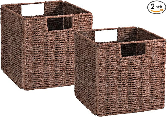 Wicker Storage Basket, Set of 2 Hand-Woven Storage Baskets for Shelves with Handles, Foldable Cube Storage Baskets Bins Organizer, 13 inch Large Wicker Baskets for Pantry Bedroom Decor, Brown by Vagusicc