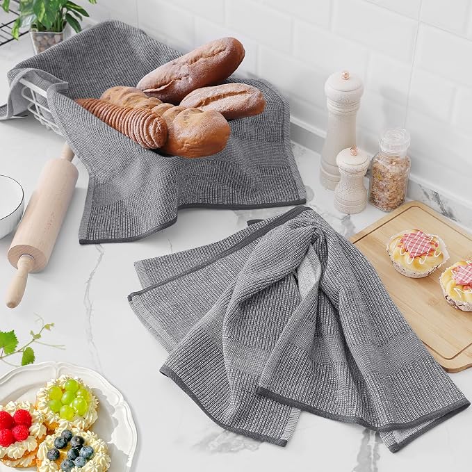 Homaxy 380 GSM Cotton Premium Kitchen Towels 6 Pack, 18"x 28", Grey | Flat and Terry Dish Towels, Highly Absorbent Tea Towel Set with Hanging Loop, Soft Utility Kitchen Hand Towels - Image 6