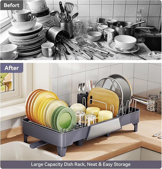Urackify Large Dish Drying Rack, Expandable Dish Drainer, Gray | Extendable 16.3" to 23.6" L, with Drainboard & Utensil Holder, Anti-Rust, Fits Any Sink, High capacity, Easy to Install - Image 8