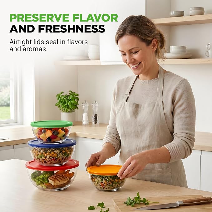 NutriChef 4‑Piece Glass Mixing Bowls with Lids – Premium Borosilicate Glass Bowl Set (1 QT‑3.7 QT) – Non‑Toxic Bowls with Airtight Lids for Mixing, Baking, Serving & Storage - Image 2