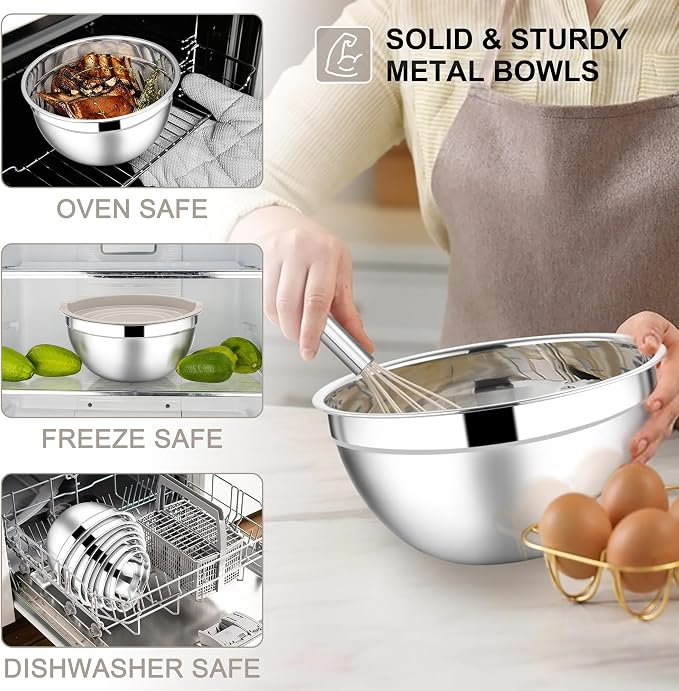E-far Mixing Bowls with Lids Set, 7-Piece Stainless Steel Metal Mixing Bowls with Grater Attachments, Size 4.6, 3.5, 2.6, 2, 1.5, 1, 0.7QT, Nesting Design & Khaki Airtight Lids, For Cooking/Serving - Image 6