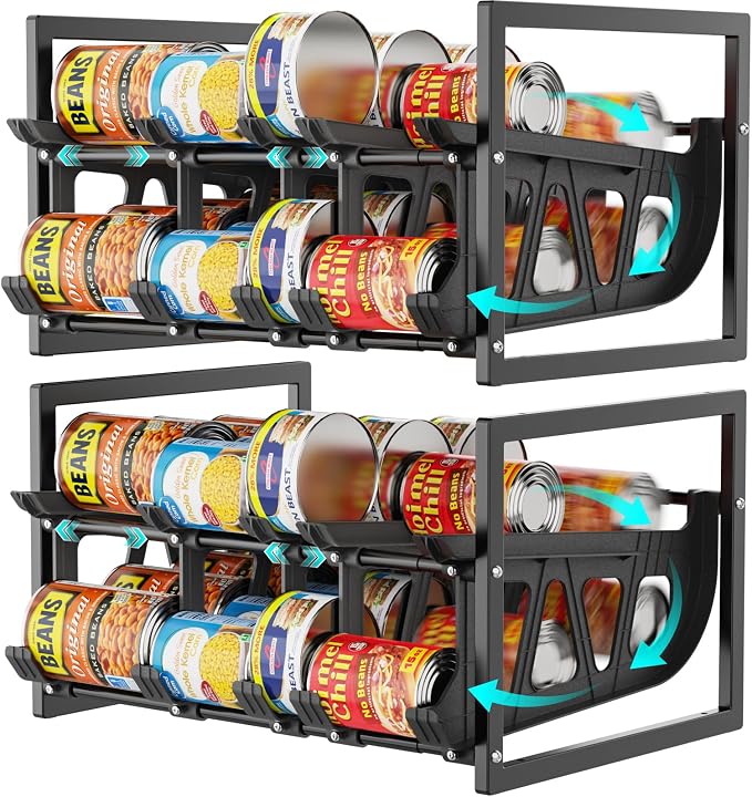 Can Storage Organizer Pantry - Auto-Rolling Expandable Hold 80 Cans | Stackable For Walk-in Deep Pantry Shelve, Adjustable Width for Food Cans, Sturdy Metal Frame, Easy Access & Restocking, Black by iSPECLE