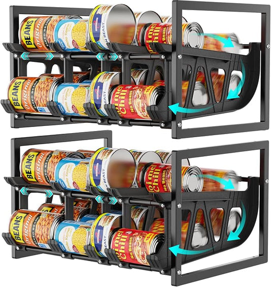 Can Storage Organizer Pantry - Auto-Rolling Expandable Hold 80 Cans | Stackable For Walk-in Deep Pantry Shelve, Adjustable Width for Food Cans, Sturdy Metal Frame, Easy Access & Restocking, Black by iSPECLE