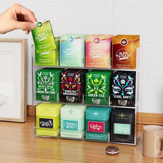 Acrylic Tea Bag Organizer, 3 Layers Tea Bag Holder for Tea Packets, Wall Mount Display Tea Caddy for Countertop or Cabinet, 12 Slots, Clear Acrylic - Image 3