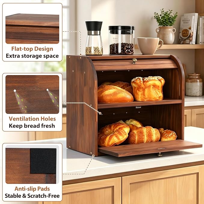 Sunhoo Wooden Bread Box for Kitchen Countertop, Roll Top Breadbox, Brown | Large Double Layer Pantry Container, Solid Wood with Cutting Board, Fresh Homemade Sourdough Bin Cabinet, Vintage Farmhouse - Image 6