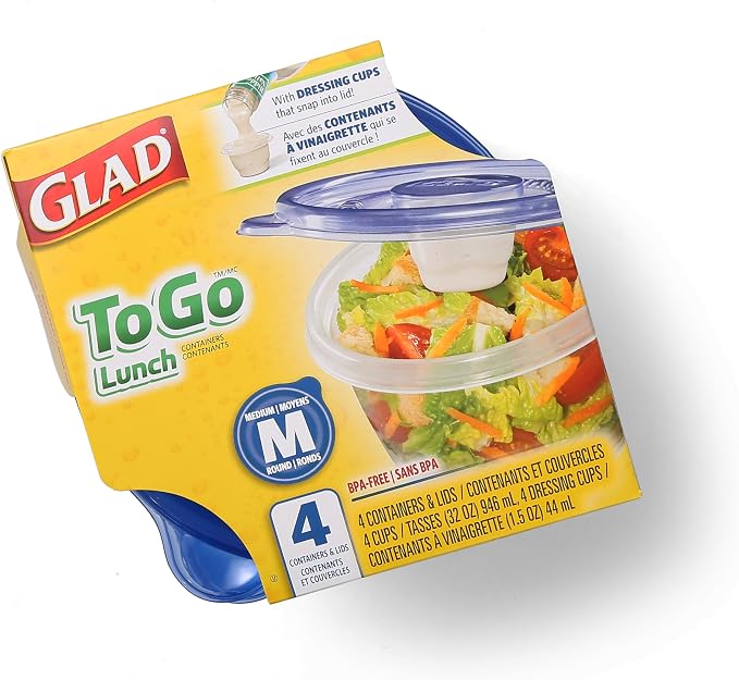 Glad GladWare To Go Lunch Containers with Dressing Cup, 32 Oz, 4 Ct, 6-Pk | Built-in compartment keeps sauces separate, ideal for salads and packed lunches, freezer safe - Image 3
