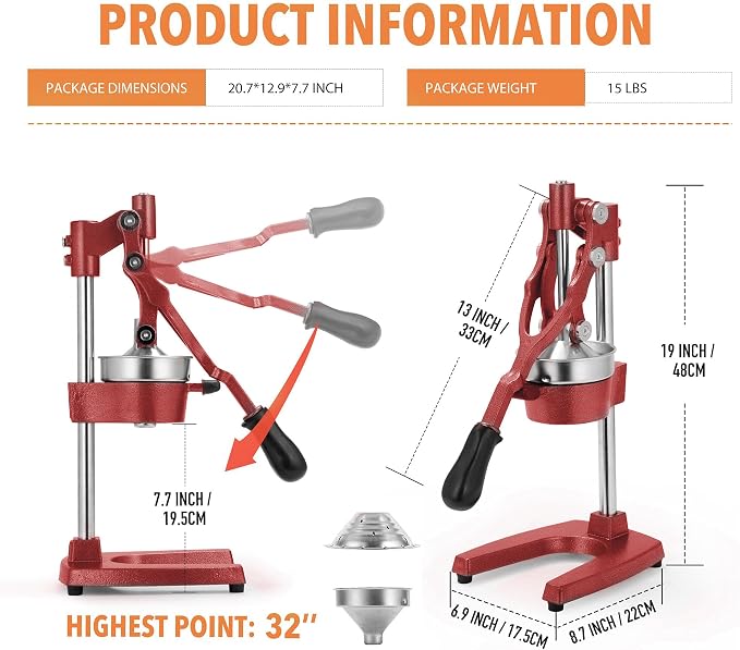 19 Inch Height Extra Tall Commercial Heavy Duty Cast Iron Hand Press Manual Orange Citrus Lemon Lime Grapefruit Pomegranate Fruit Juice Squeezer Machine with Stainless Steel Cup Red - Image 7