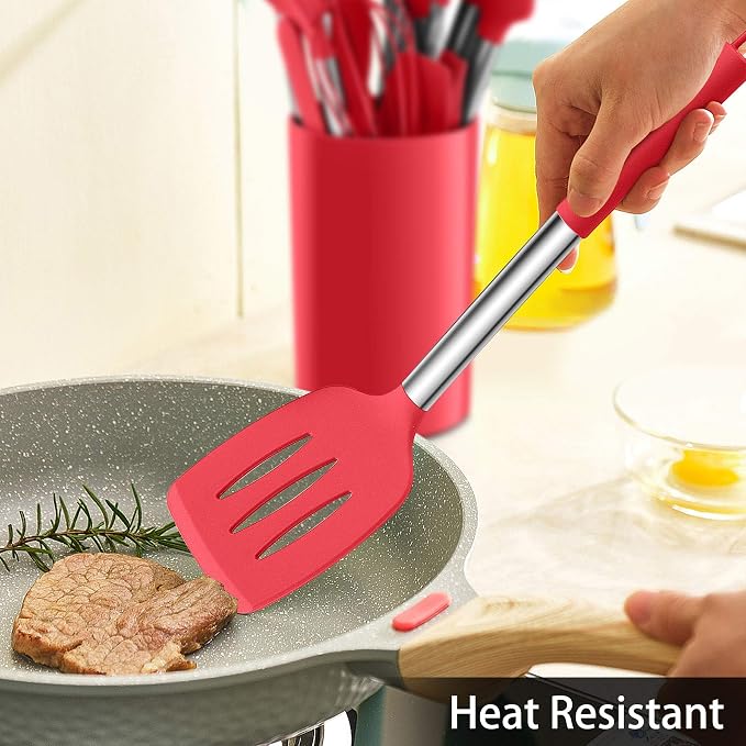 LIANYU 15-Piece Cooking Kitchen Utensils Set with Holder | Silicone Kitchen Tools Stainless Steel Handle, Slotted Spatula Spoon Turner Tong Whisk Brush for Cooking, Red - Image 5