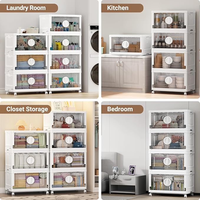 BROVIEW 360Qt Lockable Stackable Storage Bins with Lids, Closet Organizers and Storage Drawer, Collapsible Storage Bin with Wheels, Plastic Cabinet for Toy Clothes Dorm Organizer, V9 3 Pack White - Image 7