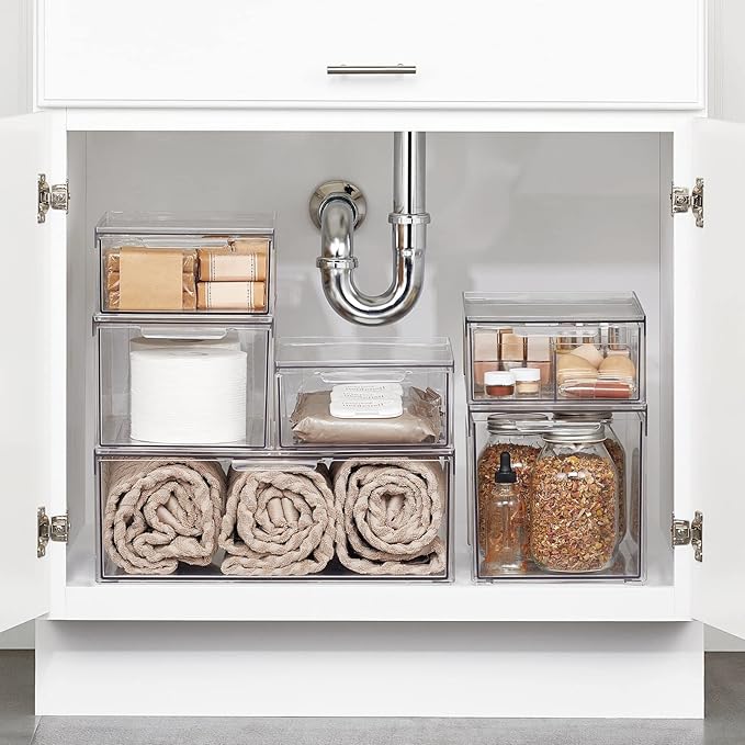 mDesign Plastic Stackable Bathroom Storage with Pull Out Bin Organizer Drawer for Cabinet, Vanity, Shelf, Cupboard, Cabinet, or Closet Organization - Lumiere Collection - 2 Pack - Clear - Image 2