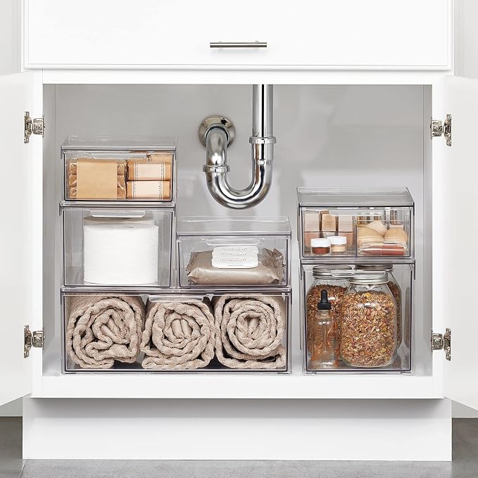 mDesign Plastic Stackable Bathroom Storage with Pull Out Bin Organizer Drawer for Cabinet, Vanity, Shelf, Cupboard, Cabinet, or Closet Organization - Lumiere Collection - Clear - Image 2