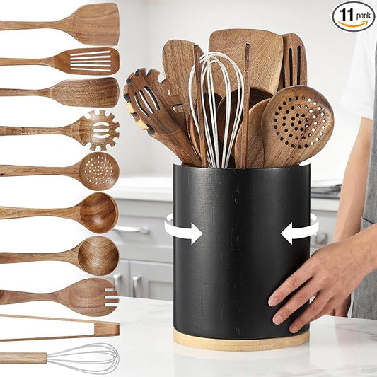 SiliFine 11 Pcs Wooden Kitchen Utensils Set with 360° Rotating Holder Acacia Wood Cooking Utensils with Cooking Spoons Spatulas for Nonstick Cookware Countertop(Straight Wood Holder,Black) by SiliFine