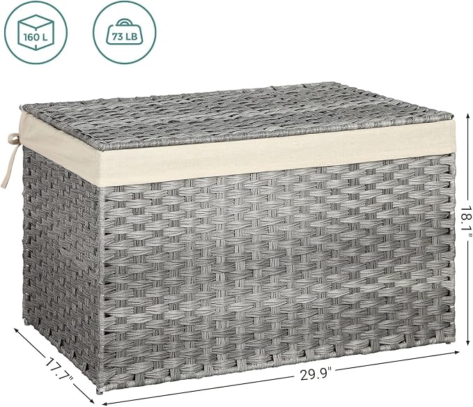SONGMICS Storage Basket with Lid, Woven Blanket Storage Bin with Handles, Foldable, Removable Liner, Metal Frame, for Bedroom, Laundry Room, 42.3 Gallons (160 L), Gray URST76WG - Image 5