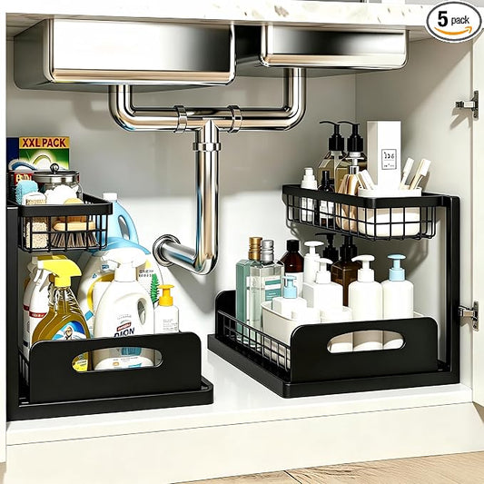 2 Pack Upgraded Under Sink Organizer, 2 Tier Pull out Kitchen Cabinet Organizer Metal Slide out Bathroom Organizers and Storage Makeup Drawer Organizer for Office Bedroom Restroom Living Room, L-Black by EGBULL
